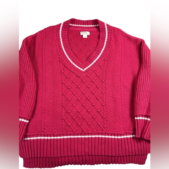 Anthropologie Maeve Tilly Varsity Cable Knit V-Neck Sweater Raspberry Pink 2X - Picture 11 of 11